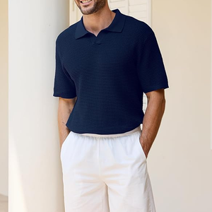 Men's Navy <b>Blue</b> Short Sleeve Knitted <b>Polo</b> <b>Shirt</b> Solid Color Casual Breathable Regular Fit Collared Design - Product Image 4