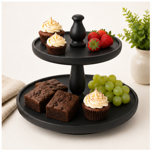 Modern 2-Tier Black Wooden Cake <b>Stand</b> and Tiered Serving Tray with Ribbed Design Table Centerpiece for <b>Cupcakes</b> Desserts - Product Image 6
