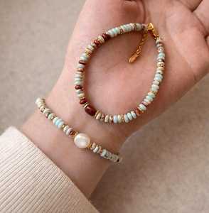 Multicolor Gemstone Pearl Bracelet Gold Plated Brass Dainty Stacking Jewelry Minimalist Layered Bracelet - Product Image 5