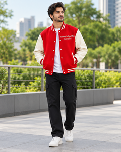 Chaqueta Varsity para Hombre de Khawaja Rafique Ullah Enterprises, Bordada en la Espalda, Estilo de Manga Azul Marino y Blanca, para Otoño - Product Image 1
