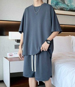 ชุดลำลองฤดูร้อนผู้ชายสีดำ ผ้าฝ้าย เสื้อยืดแขนสั้น กางเกงขาสั้นเอวยางยืด สีพื้น ผ้าถักระบายอากาศ - Product Image 4