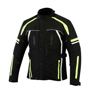 Men's Full Sleeve Motorcycle <b>Jacket</b> Black With Neon Green <b>Reflective</b> Stripes Windproof All Seasons Biker Wear Textile Apparel - Product Image 1