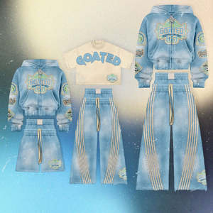 Conjunto de Dos Piezas con Apliques y Bordados Personalizados, Sudadera con Capucha de Algodón Grueso Lavado con Efecto Desgastado y Pantalones Deportivos de Doble Cintura - Product Image 1