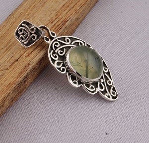 Pendentif en préhnite naturelle, bijoux en argent sterling 925, pendentif en pierre précieuse verte translucide, style vintage, collier ovale en préhnite - Product Image 2