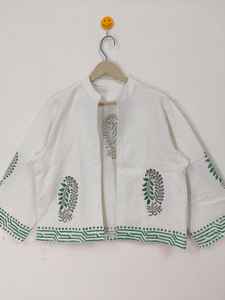 Chaqueta Floral Estampada a Mano, Chaqueta de Algodón con Flores Verdes, Abrigo Boho para Verano e Invierno - Product Image 2