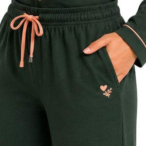 Manufacturer Womens Dark <b>Green</b> Long Sleeve Crop Cardigan Wide Leg Pajama Set Embroidered Lounge Sleepwear Soft Breathable OEM - Product Image 4