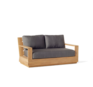 Canapé de jardin moderne en teck massif deux places avec structure en boîte et coussins gris épais pour terrasse, patio et resort - Product Image 1