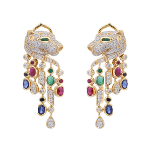 14K <b>Solid</b> <b>Gold</b> Multi Gemstone Panther Stud <b>Huggie</b> Earrings with Moissanite - Product Image 3