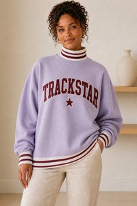 Lavender Women's Mock Neck Sweatshirt Cream Burgundy Striped Rib Trim Varsity Letter <b>Star</b> Trackstar OEM Private Label Pullover - Product Image 1