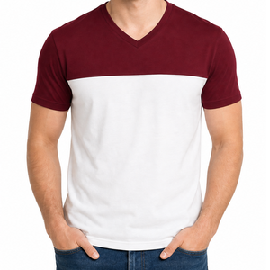 Camiseta clásica de cuello en V bicolor al por mayor, en rojo granate y blanco, con logo personalizado y diseño colorblock. - Product Image 1