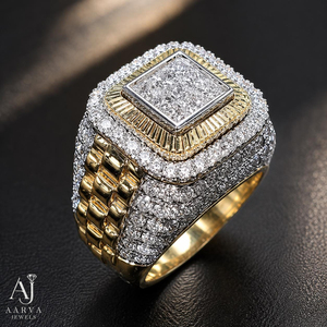 แหวนค็อกเทลหมั้นผู้ชาย AARVA JEWELS ประดับมอสซาไนต์สีเงินทรงปรินเซสคัท ฝังแบบพาเว่ ดีไซน์เรขาคณิต สไตล์ฮิปฮอป - Product Image 3