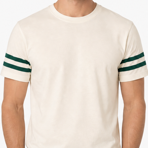Camisetas al por mayor para hombre con rayas en las mangas, logotipo personalizado, algodón, color crema, verde bosque, dos rayas, estilo retro deportivo, camisetas lisas de moda. - Product Image 3