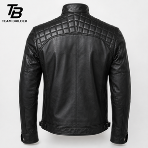 Blouson de moto d'hiver imperméable en cuir véritable pour homme grande taille TEAM BUILDER avec garniture en peau de mouton, col montant et doublure à carreaux zippée - Product Image 2