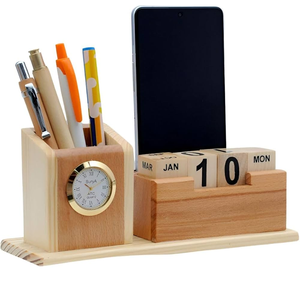 Natural Wood Pen Stand With Clock Desktop Storage Stand Best Price Handmade Antique Style Desktop Storage Stand - Product Image 4