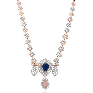Collar de oro rosa de 14 quilates al por mayor, 33.55 gramos, con piedra azul tallada, halo de diamantes reales, combo de gargantilla y pendientes, exportador, fábrica mayorista - Product Image 2