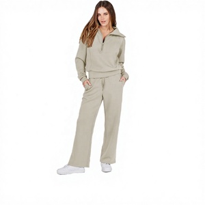 Women 2 Piece Knitted <b>Set</b> Solid Color Stand Collar Zipper Long Sleeve Loose Fit Casual Wear Full Length Pants and Top - Product Image 2