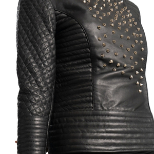 Chaqueta de Motociclista para Mujer, Negra, de Cuero Genuino, Acolchada, con Remaches, Cierre de Cremallera, Cuello Redondo - Product Image 5