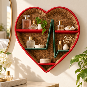 Hanging Bohemian <b>Heart</b> Shaped Seagrass Wall <b>Shelf</b> with Red Border and Green Heartbeat Design - Product Image 6