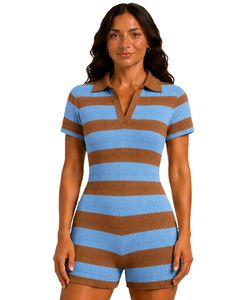 Mono de punto a rayas azul cielo y marrón para mujer, manga corta, cuello polo, informal de verano, de una pieza, ajustado, diseño personalizado - Product Image 1