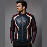 Blouson moto homme en cuir gaufré crocodile, color block, fermeture éclair, col montant, coupe ajustée, style automne