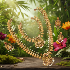 Goddess Lakshmi Style Semi Bridal Matte Gold-Plated Necklace and Earring Set - Product Image 3