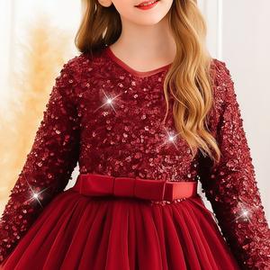 Vestido de Princesa de Terciopelo Rojo Premium con Lentejuelas Bordadas y Cuello en V para Niñas, Vestido de Fiesta, Venta al Por Mayor, OEM, ODM - Product Image 3