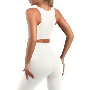 <b>White</b> <b>2</b> <b>Piece</b> Yoga Set Scoop Neck Racerback Crop Top High Waist Full Length Leggings Seamless Four-Way Stretch Solid Color - Product Image 2