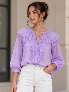 Blusa de Mujer con Estampado Floral, Cuello Cuadrado, Manga Abullonada con Volantes, Corte Regular, para Primavera/Verano, Estilo Casual - Product Image 1