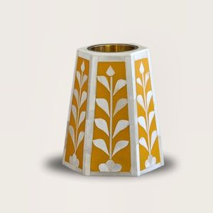 Decorative Bone Inlay <b>Candle</b> <b>Holder</b> With Yellow And White Inlay Design For Elegant Table Arrangements - Product Image 1