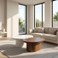 Ensemble de tables basses ovales modernes en marbre et bois, design minimaliste, tables gigognes, finition naturelle