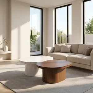 Juego de Mesas de Centro Ovaladas Modernas de Mármol y Madera, Diseño Minimalista, Mesas Encajables, Acabado Natural - Product Image 5
