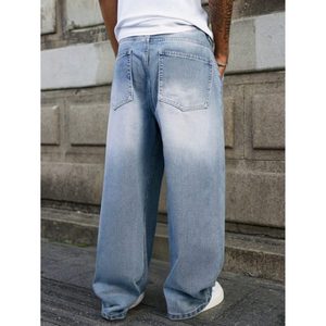 Jean en denim bleu glace vintage coupe droite pour homme, délavé effet whisker, écologique, respirant, taille haute, 100 % coton, tailles 28 à 42 - Product Image 2