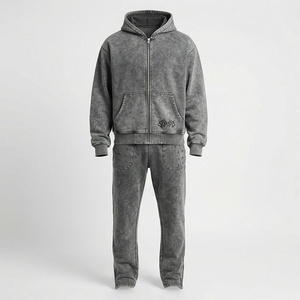Survêtements streetwear en coton à fermeture éclair, couleur unie personnalisable, avec patchs, coupe évasée, effet délavé, respirants, à capuche, pour l'hiver - Product Image 1