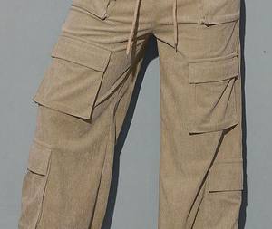 Pantalon cargo en velours côtelé taille haute pour femme, coupe ample, multi-poches, style streetwear, jambe large, mode automne-hiver - Product Image 1