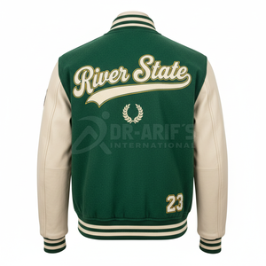 Plus Size Men's Varsity Jacket Green Cream Appliques 23 Preppy Style Winter Waterproof Sheep <b>Fur</b> - Product Image 5