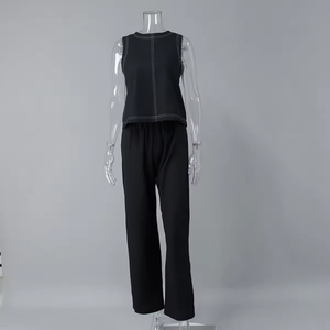Women's <b>Linen</b> 2 Piece <b>Set</b> Sleeveless O-Neck Top And Wide Leg Drawstring Pants - Product Image 3