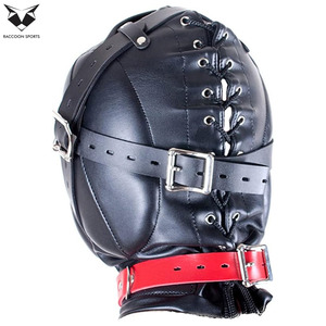 Máscara de cuero sintético acolchada profesional con capucha y cuello rojo para fiesta, disfraz de club, arnés de cabeza de cuero sintético de cara completa - Product Image 2