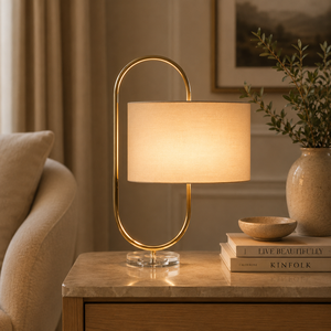 Orbit Halo Metal Table Lamp with Oval Frame Linen <b>Drum</b> <b>Shade</b> Gold Finish Acrylic Base Elegant Ambient <b>Lighting</b> - Product Image 1