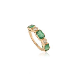 Bague demi-éternité en or jaune 14 carats pur, sertie d'émeraudes et de diamants, collection de bijoux fins, vente flash - Product Image 3