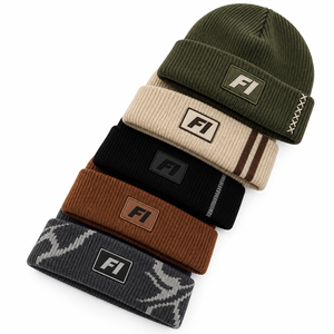 Gorro de punto jacquard personalizado al por mayor, gorro de invierno bordado, estilo urbano Y2K, unisex, con parches y logotipo, gorro de punto cálido con dobladillo. - Product Image 4