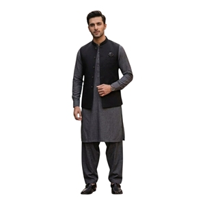 Men's Gray Cotton Kurta <b>Pajama</b> <b>Set</b> With <b>Black</b> Nehru Jacket Traditional Indian Pakistani Casual Wear Ankle-Length Regular Fit - Product Image 5
