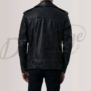 Veste de motard en cuir noir pour homme, classique, double fermeture éclair, en véritable peau de mouton, coupe ajustée, automne-hiver, avec ceinture - Product Image 3