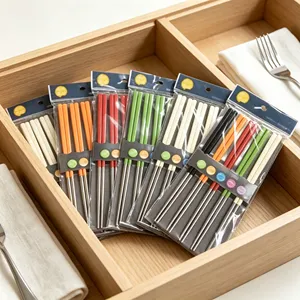 Ensemble de baguettes en acier inoxydable 304, rondes, couleur unie, durables, design minimaliste, pour les fêtes - Product Image 2