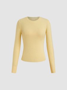 Pull côtelé à manches longues pour femme, coupe ajustée, col rond, tricoté, décontracté, pour tous les jours - Product Image 1