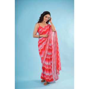 Sari en mousseline léger rose vif orné de sequins et broderies, tenue ethnique de créateur pour fêtes, mariages et événements festifs - Product Image 1