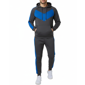 Ensemble de survêtement gris et bleu roi pour homme, best-seller – Sweat à capuche Chevron V-Shape Color Block avec pantalon assorti - Product Image 1