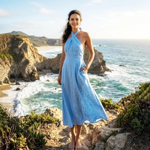 Wholesale 100% Cotton Handmade Breathable Tiered Vintage Midi <b>Dress</b> Women V-neck <b>Bell</b> <b>Sleeve</b> Bow Tie Waist Flowy Summer Casual - Product Image 1