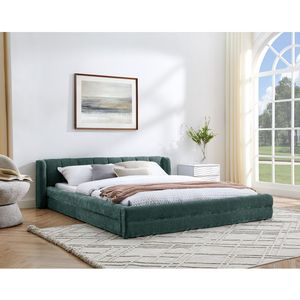 Letto matrimoniale imbottito con testiera in tessuto ciniglia spesso e piattaforma in legno massello - Product Image 2