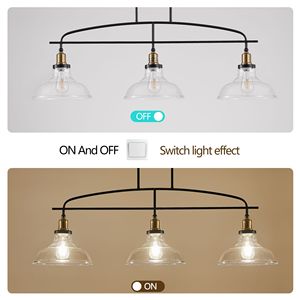 Lampadario a sospensione moderno in stile industriale da 45 pollici con 3 luci, paralumi in vetro trasparente e struttura in metallo nero regolabile - Product Image 6