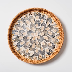 Plateau de service en rotin naturel du Vietnam, avec mère de la perle, plateau rond en rotin pour la décoration du Ramadan Eid, vente en gros - Product Image 1